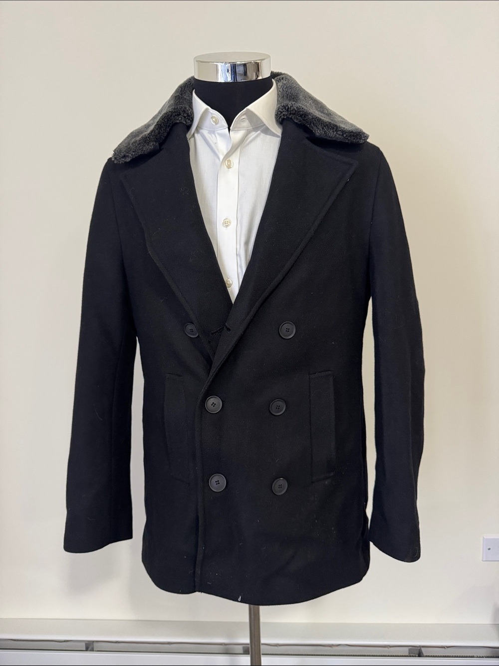 Sayki mens XL black solid wool blend faux fur double breast pea coat EUC